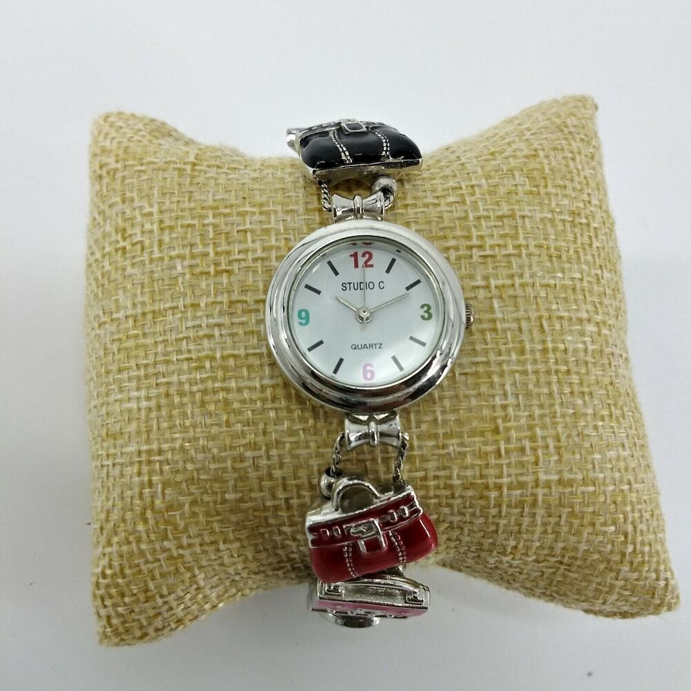 Studio C Womens Watch Charm Bracelet Fashion Purses Bags Enamel Wristwatch